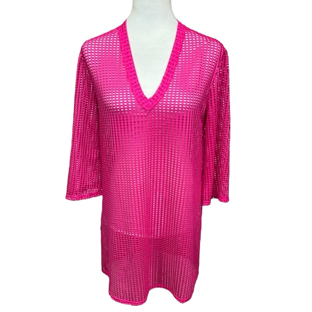 Vibrant Pink Mesh V-Neck Coverup